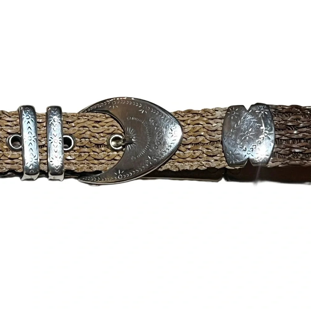 Street Ahead Tan & Brown Woven Belt with Silver Etched Buckle Sz 32”
